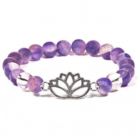 Bracelet en Cristal de Roche & Améthyste Avec Lotus