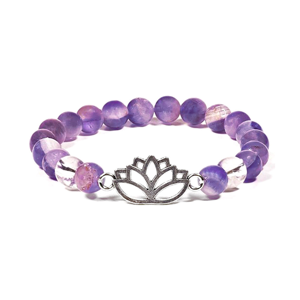 Bracelet en Cristal de Roche & Améthyste Avec Lotus