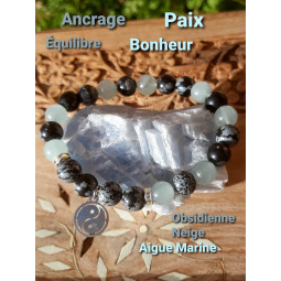 Bracelet en Obsidienne Neige & Aigue Marine