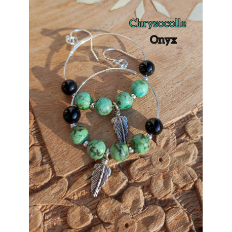 Boucles d'Oreilles en Chrysocolle & Onyx
