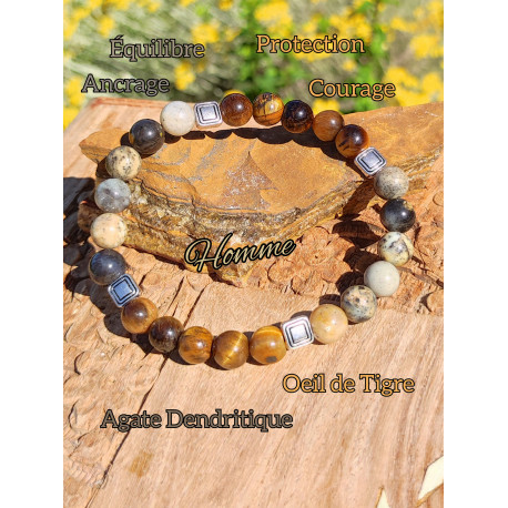 Bracelet en Oeil de Tigre & Agate Dendritique Vibrations Cristallines