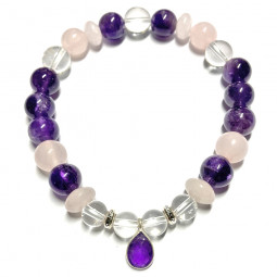 Bracelet Boules en Améthyste, Quartz Rose & Cristal de Roche