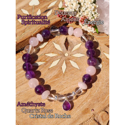 Bracelet Boules en Améthyste, Quartz Rose & Cristal de Roche