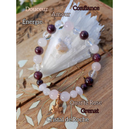 Bracelet Boules en Quartz Rose, Grenat & Cristal de Roche