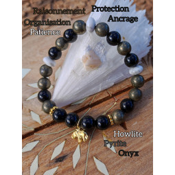 Bracelet Boules en Pyrite, Onyx & Howlite