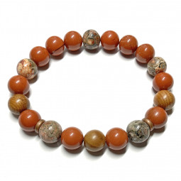 Bracelet Boules en Jaspe Rouge, Jaspe Léopard & Bois Burlywood