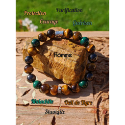 Bracelet Boules en Oeil de Tigre, Shungite & Malachite