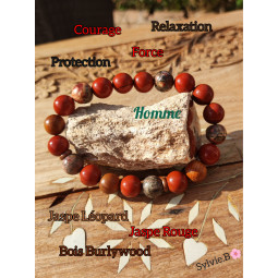 Bracelet Boules en Jaspe Rouge, Jaspe Léopard & Bois Burlywood