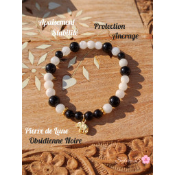 Bracelet  Boules en Obsidienne Noire & Pierre de Lune