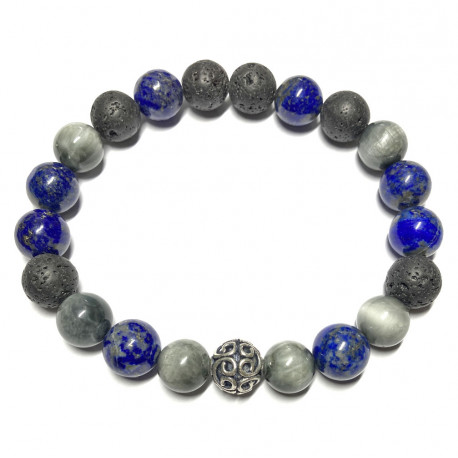 Bracelet Boules en Lapis Lazuli, Oeil de Chat & Basalte