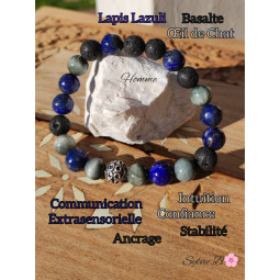 Bracelet Boules en Lapis Lazuli, Oeil de Chat & Basalte