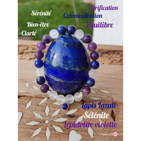 Bracelet Boules en Lépidolite, Sélénite & Lapis Lazuli