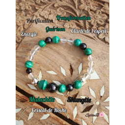 Bracelet Boules en Malachite, Shungite & Cristal de Roche