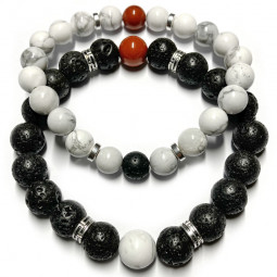 Bracelets Boules Couple en Howlite, Basalte & Jaspe Rouge