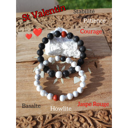 Bracelets Boules Couple en Howlite, Basalte & Jaspe Rouge