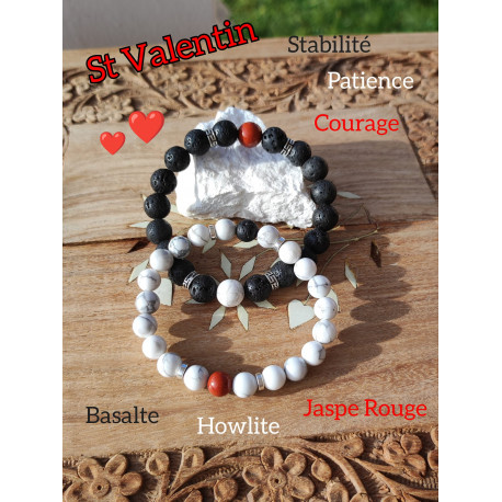 Bracelets Boules Couple en Howlite, Basalte & Jaspe Rouge
