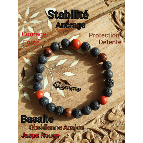 Bracelet Boules en Jaspe Rouge, Basalte & Bronzite