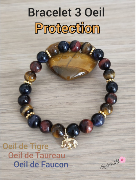 Bracelet Oeil Triple en Oeil-de-Tigre/Taureau/Céleste