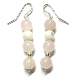 Boucles d'Oreilles en Quartz Rose, Nacre et Argent