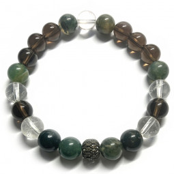 Bracelet Boules Quartz Fumé, Agate Mousse & Cristal de Roche