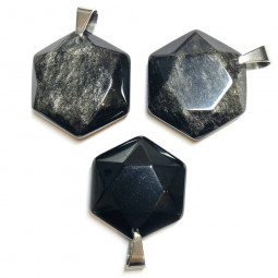 Pendentif Hexagone en Obsidienne Argentée