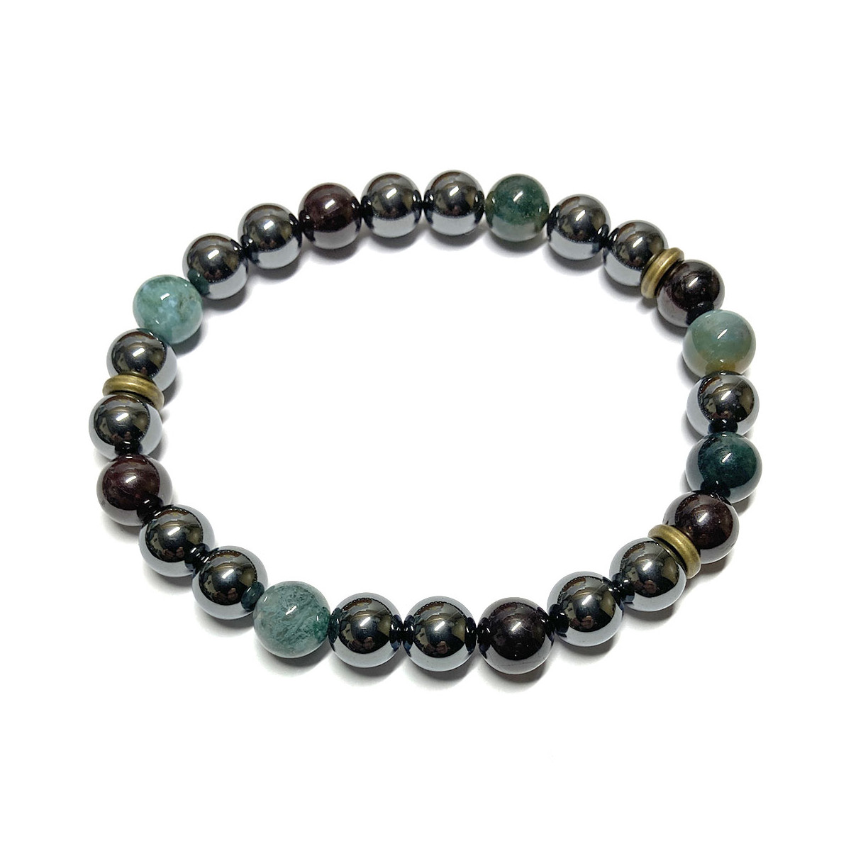 Bracelet Boules en Grenat, Hématite & Agate Mousse