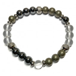 Bracelet Boules en Hématite, Pyrite & Cristal de Roche