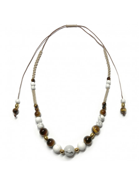 Collier boules macramé en Howlite & Oeil de Tigre