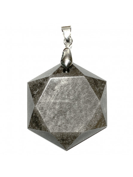 Pendentif Cabochon Hexagone en Obsidienne Argentée - 40 mm