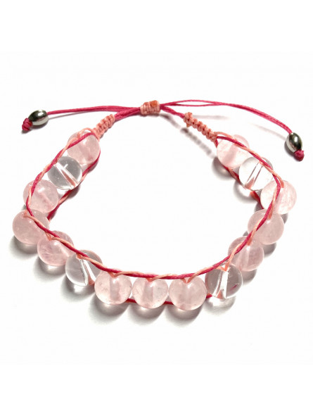 Bracelet Boules Macramé en Quartz Rose & Cristal de Roche