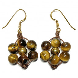 Boucles d'Oreilles en Œil de Tigre, Argent et Doré Or Fin