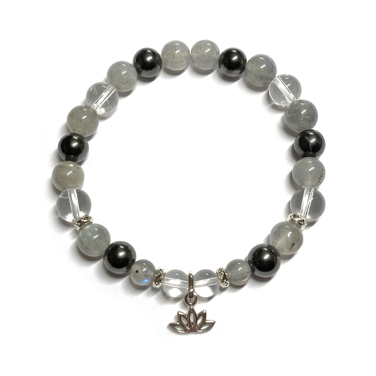 Bracelet boules en Labradorite, Shungite & Cristal de Roche