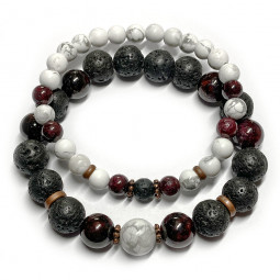 Bracelets Couple en Howlite, Basalte & Grenat