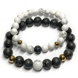 Bracelets Couple Création Boules en Howlite & Basalte