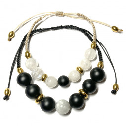 Bracelets Couple Boules et Macramé en Pierre de Lune & Onyx