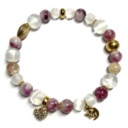 Bracelet Boules en Lépidolite & en Sélénite