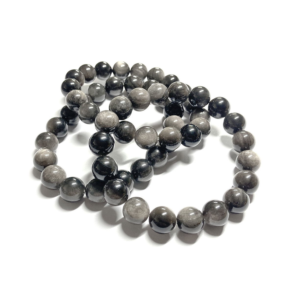 Bracelet Boules en Obsidienne Argentée