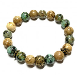 Bracelet Homme boules en Jaspe Paysage & Turquoise d'Afrique