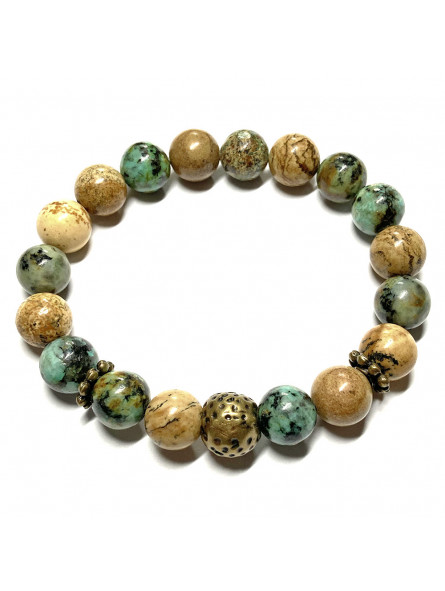 Bracelet Homme boules en Jaspe Paysage & Turquoise d'Afrique