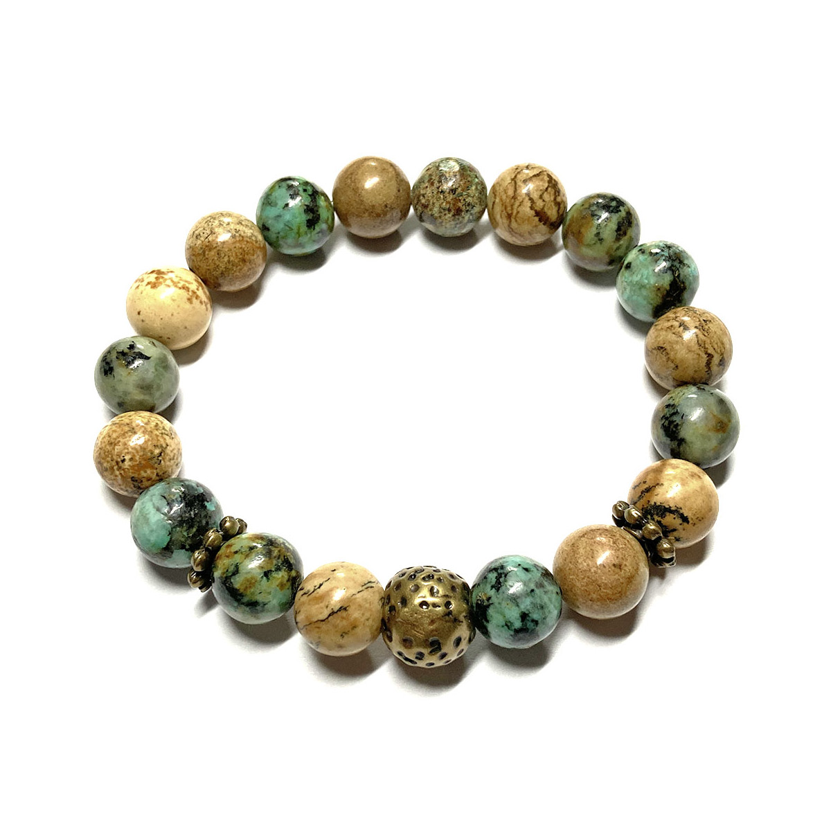 Bracelet Homme boules en Jaspe Paysage & Turquoise d'Afrique