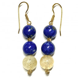 Boucles d'Oreilles en Lapis Lazuli, Citrine,  Argent et Doré Or Fin