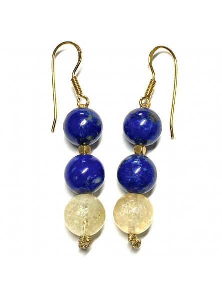 Boucles d'Oreilles en Lapis Lazuli, Citrine,  Argent et Doré Or Fin