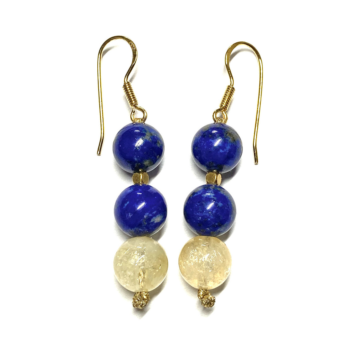 Boucles d'Oreilles en Lapis Lazuli, Citrine,  Argent et Doré Or Fin