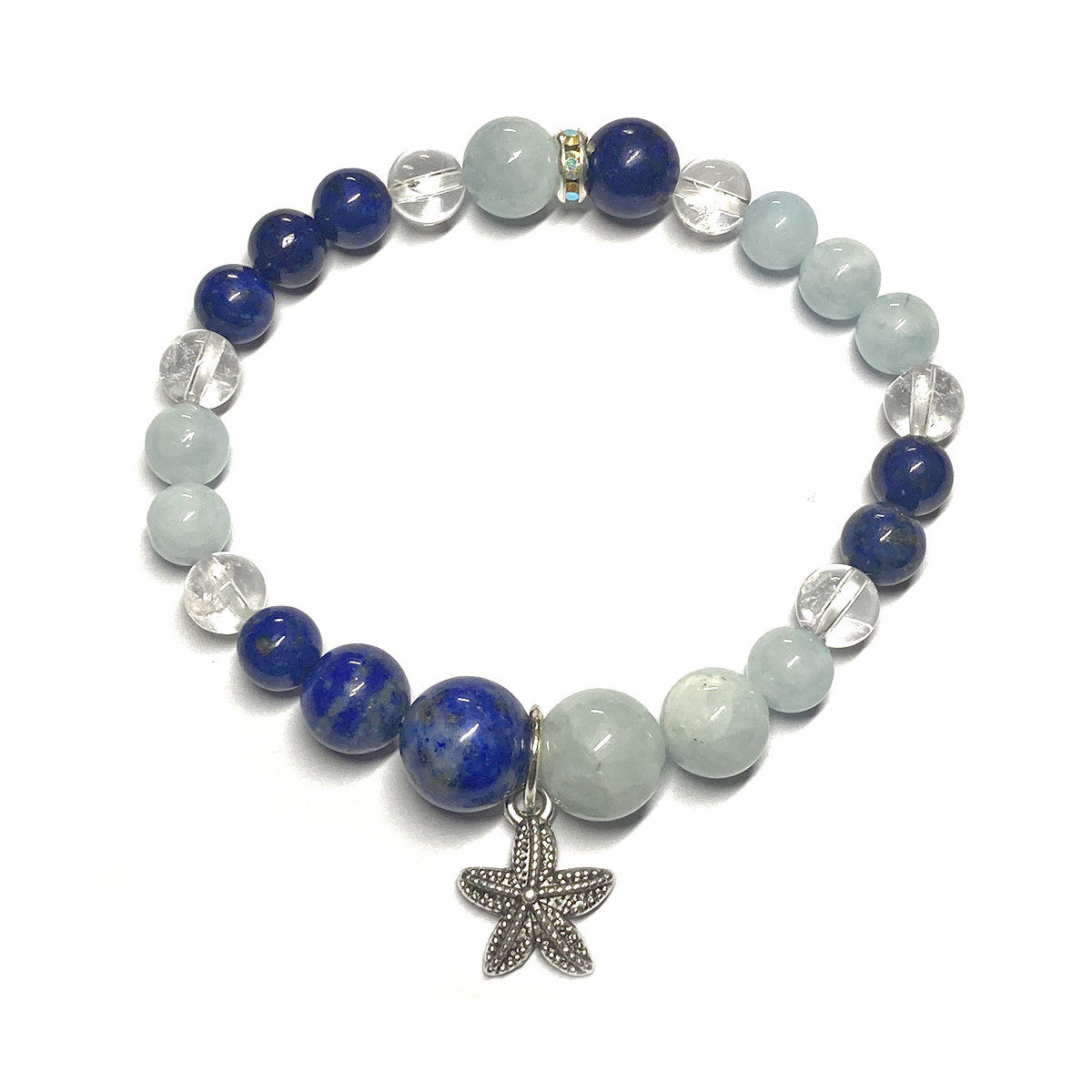 Bracelet Boules en Lapis Lazuli, Aigue Marine & Cristal de Roche
