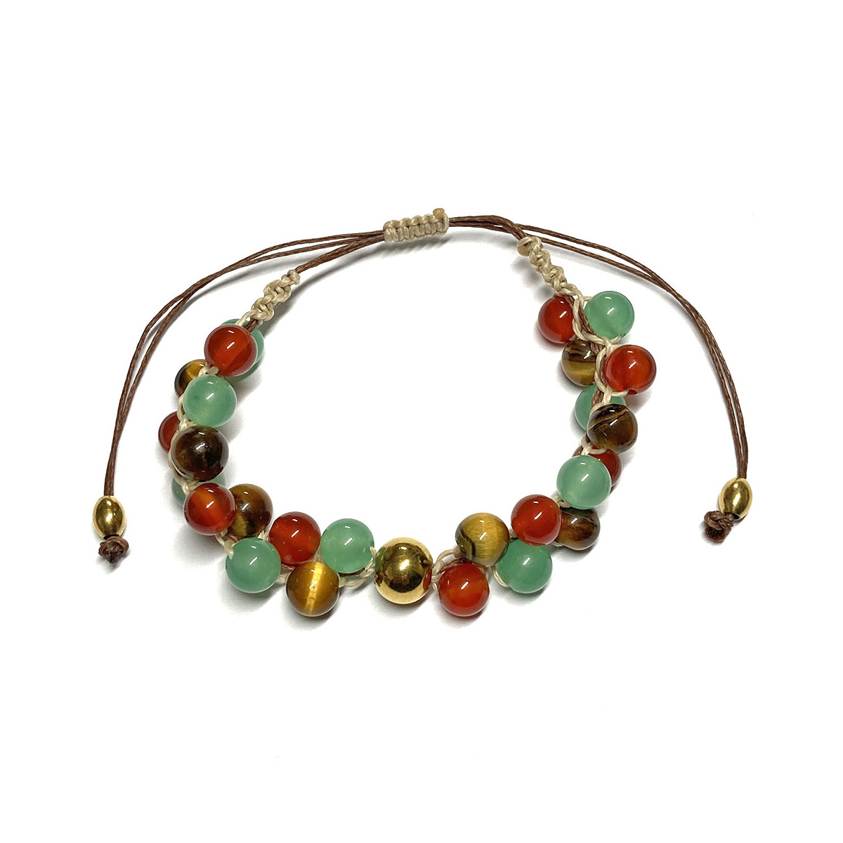 Bracelet Boules Macramé en Cornaline, Aventurine Verte & en Oeil de Tigre