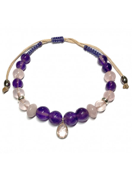Bracelet Macramé et Boules en Améthyste & Quartz Rose