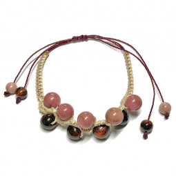 Bracelet Boules Macramé en Œil de Taureau & Rhodonite