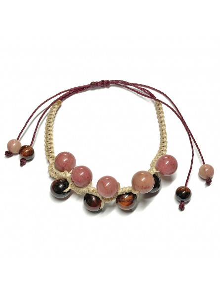 Bracelet Boules Macramé en Œil de Taureau & Rhodonite
