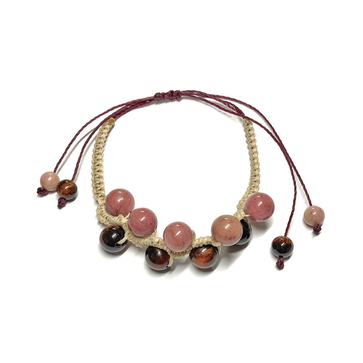Bracelet Boules Macramé en Œil de Taureau & Rhodonite