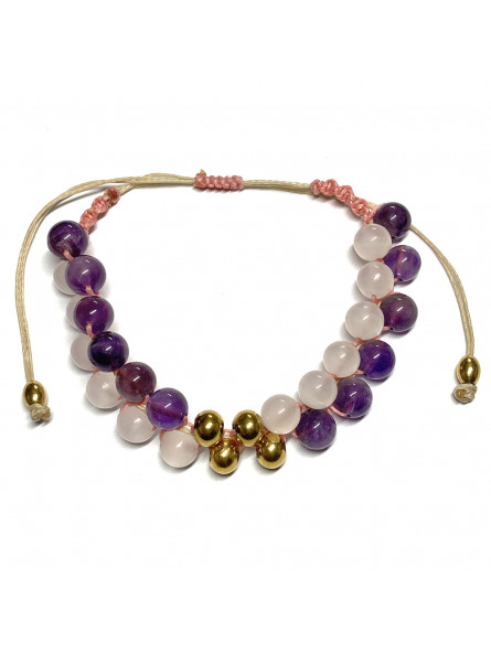 Bracelet Boules Macramé en Améthyste & en Quartz Rose
